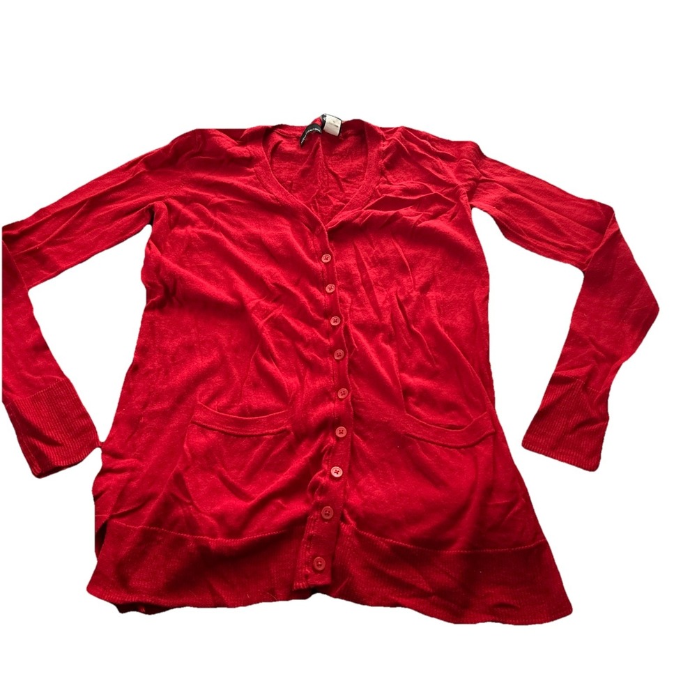 Moda International Red Cardigan Womens Small Button Front Pockets Knit Sweater